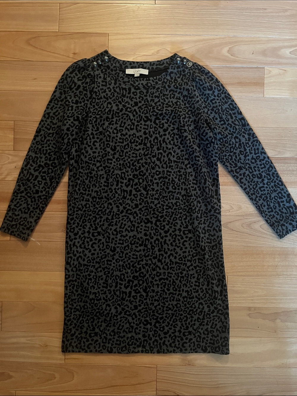 LOFT Charcoal and Black Leopard Print Long Sleeve Dress